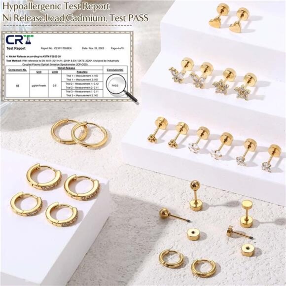 14K Gold Flat Back Earrings Small Stainless Steel Stud Hoop Earrings Set - Picture 3 of 6
